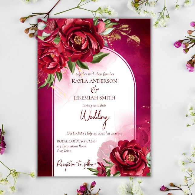 Invitación Marrón boda de Borgoña flores arco moderno (Subido por el creador)
