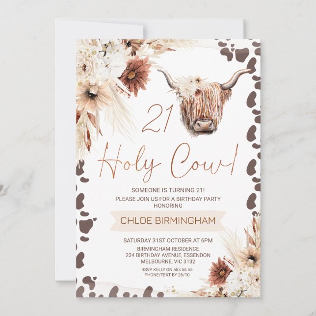 Invitación Marrón Boho Floral Santo Vaca Highland 21 cumpleañ (Anverso)
