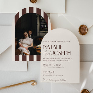 Invitación Marrón Chocolate Dinero Antiguo Foto Arqueada Boda