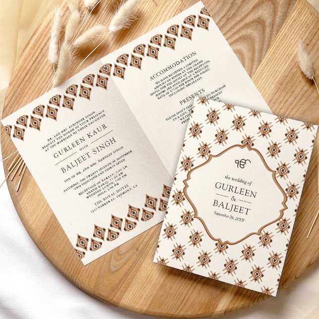 Invitación Marrón Crema Ikat Todo en Uno Boda Sikh (Subido por el creador)