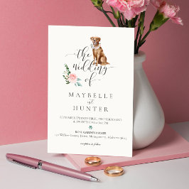Invitación Marrón de color de agua perro y rosa floral