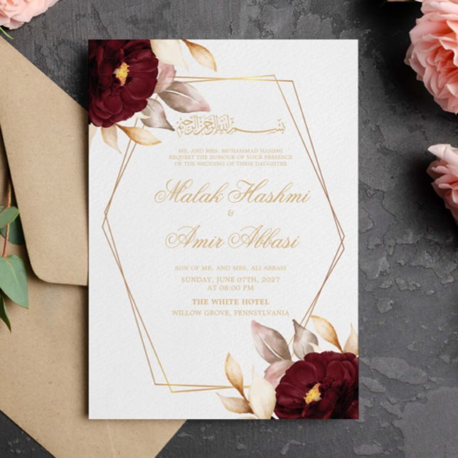 Invitación Marrón de flores rojas deja a Boda musulmán (Subido por el creador)
