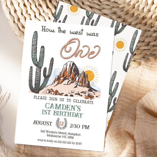 Invitación Marrón de la época en que Occidente era un primer  (How The west Was One 1st Birthday Invitation, Western Desert, Rope text, Wild West, Cowboy Invite)