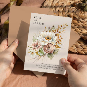 Invitación Marrón floral Rústico Neutral Simple Elegante Boda
