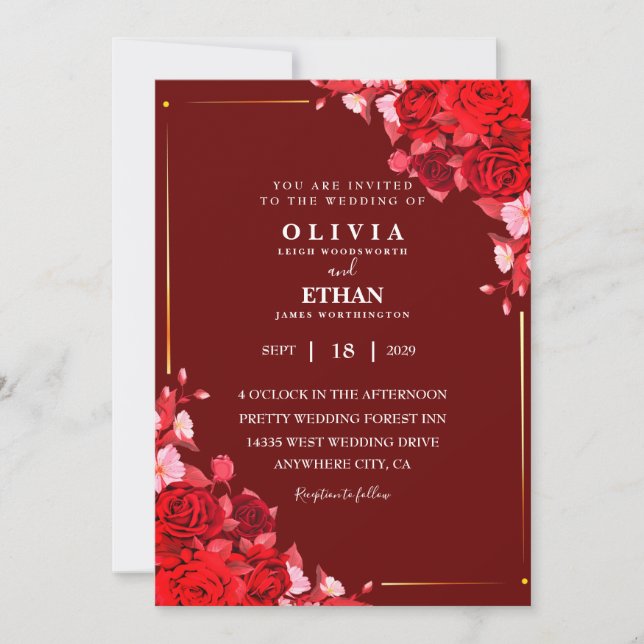 Invitación marrón floral y hojas Elegante carta de boda (Anverso)