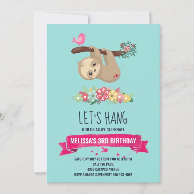Invitación Marrón lindo Sloth colgando boca abajo Cumpleaños (Anverso)