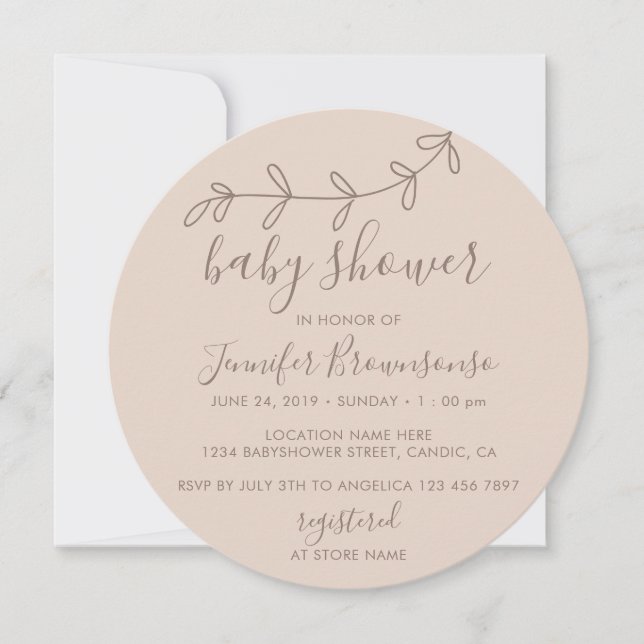 Invitación Marrón mínimo de flor de círculo Baby Shower (Anverso)