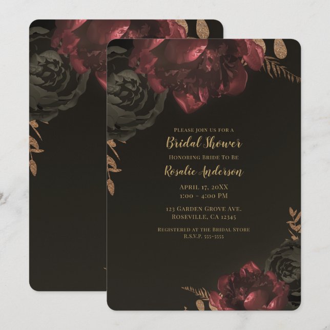 Invitación Marrón Moody Dark Floral Gold Greeneration Bridal (Anverso / Reverso)