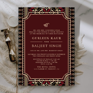 Invitación Marrón Negro Rojo Ikat Anand Karaj Boda Sikh