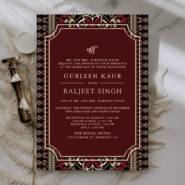 Invitación Marrón Negro Rojo Ikat Anand Karaj Boda Sikh (Subido por el creador)
