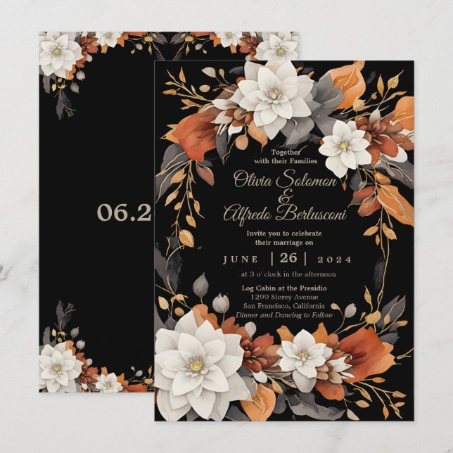 Invitación Marrón oscuro, caramelo de café y flores de otoño  (Anverso / Reverso)