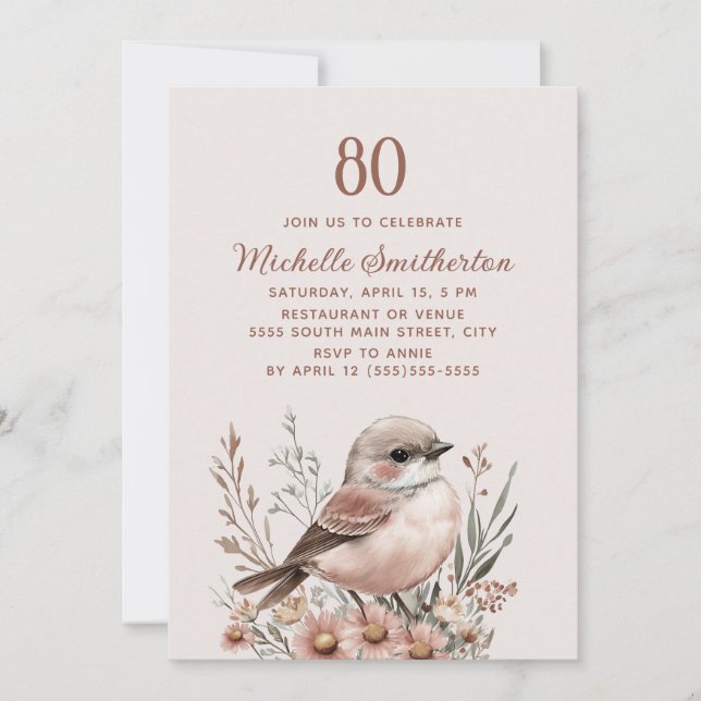 Invitación Marrón pájaro 80 cumpleaños (Anverso)