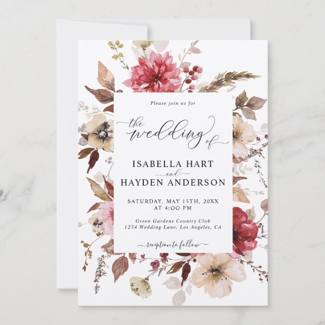 Invitación Marron Red Rubor Pink All In 1 QR Code Boda (Anverso)