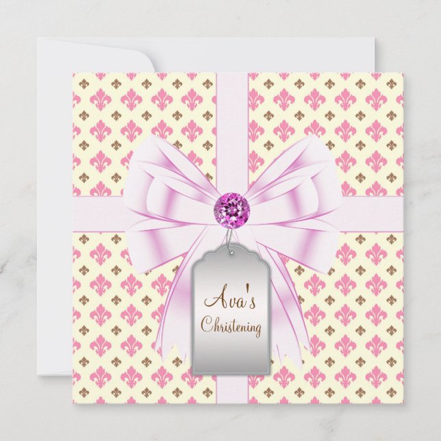 Invitación Marrón Rosa Fleur de Lis Bautizo de bebé (Anverso)