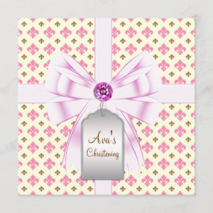 Invitación Marrón Rosa Fleur de Lis Bautizo de bebé
