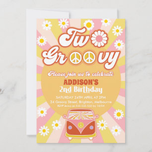 Invitación Marrón rosado Dos Groovy Retro Segundo Cumpleaños