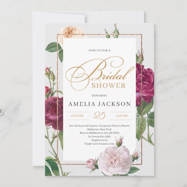 Invitación Marron rosas rosas rosas rubias y florales ducha d (Anverso)