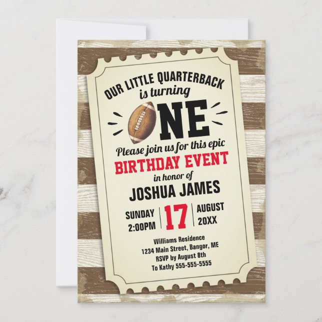 Invitación Marrón ruso de fútbol de primer cumpleaños (Anverso)