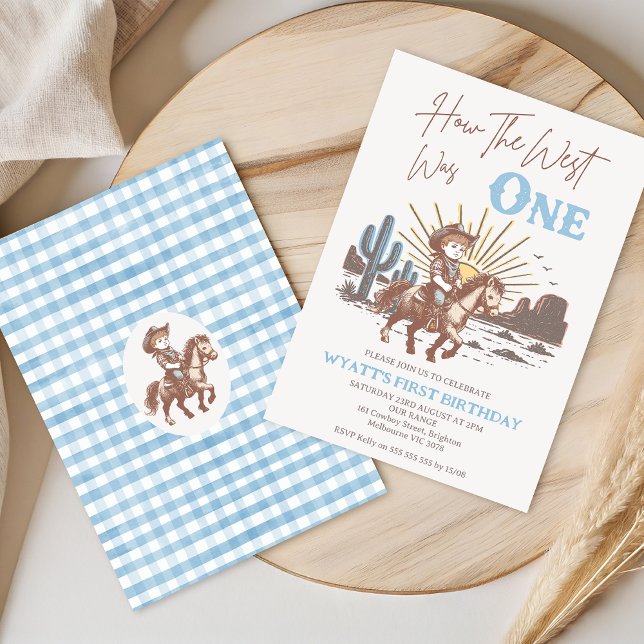 Invitación Marrón Rústico Azul Cómo Oeste Era Primer Cumpleañ (Little Cowboy How The West was One 1st Birthday Invitation Template, Western 1st Birthday Invitation)