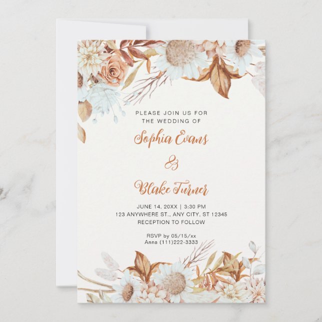 Invitación Marrón Rústico Flores Blancas Boho Boda de Blanco  (Anverso)