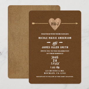 Invitación Marrón Rústico Kraft Corazón Flecha Boda Campestre