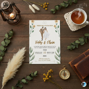 Invitación Marrón sabio moderno y negro con Boda de fotos