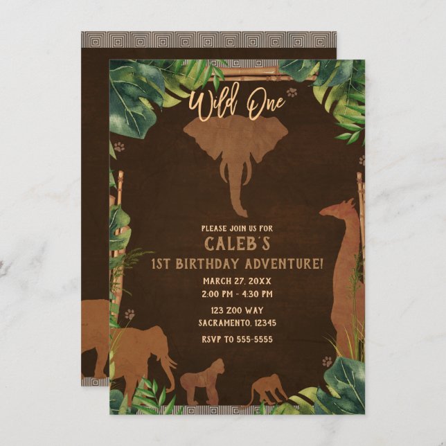 Invitación Marrón Safari Jungle Zoo Animals WILD UN primer Fi (Anverso / Reverso)