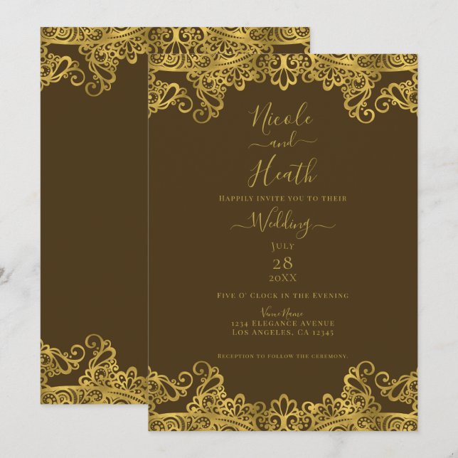 Invitación Marrón y Dorado Encaje Elegante Boda (Anverso / Reverso)