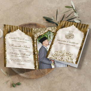 Invitación Marrón y Marfil Árabe Vintage Dorado Arco de Boda