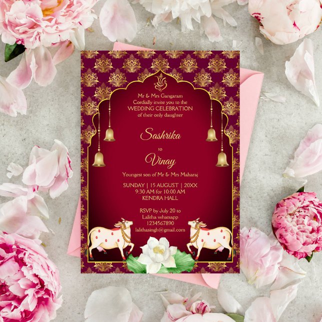 Invitación Marrón y oro boda de loto blanco Gomata (Maroon and gold Gomata bell garlands white lotus Indian wedding invitation template instant downloa)