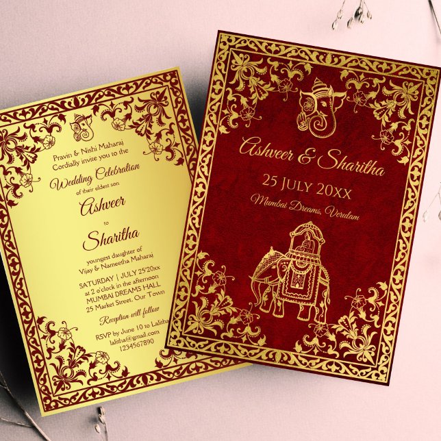 Invitación Marrón y oro boda elefante de la India (Maroon and gold Indian wedding elephant luxury grooms wedding Invitation template instant download)