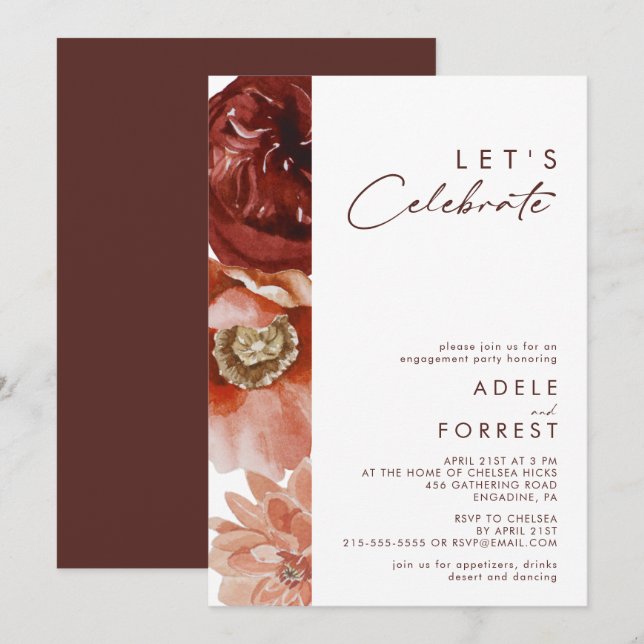 Invitación Marsala Autumn Floral | Blancos Celebremos (Anverso / Reverso)