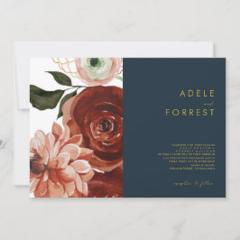 Invitación Marsala Autumn Floral | Boda horizontal naval en