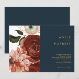 Invitación Marsala Autumn Floral | Boda horizontal naval en