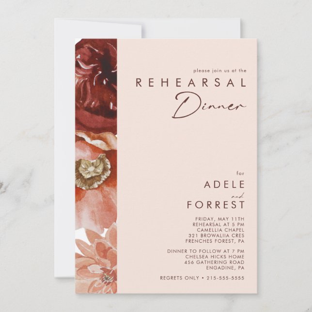 Invitación Marsala Autumn Floral | Cena de ensayo de Rubor (Anverso)