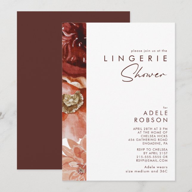 Invitación Marsala Autumn Floral | Ducha Blanca Lingerie (Anverso / Reverso)