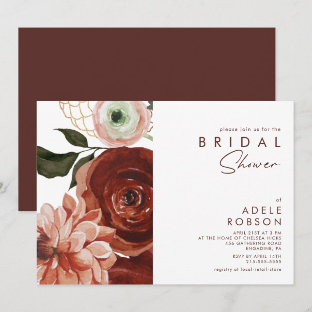 Invitación Marsala Autumn Floral | Ducha de novia blanca (Anverso / Reverso)