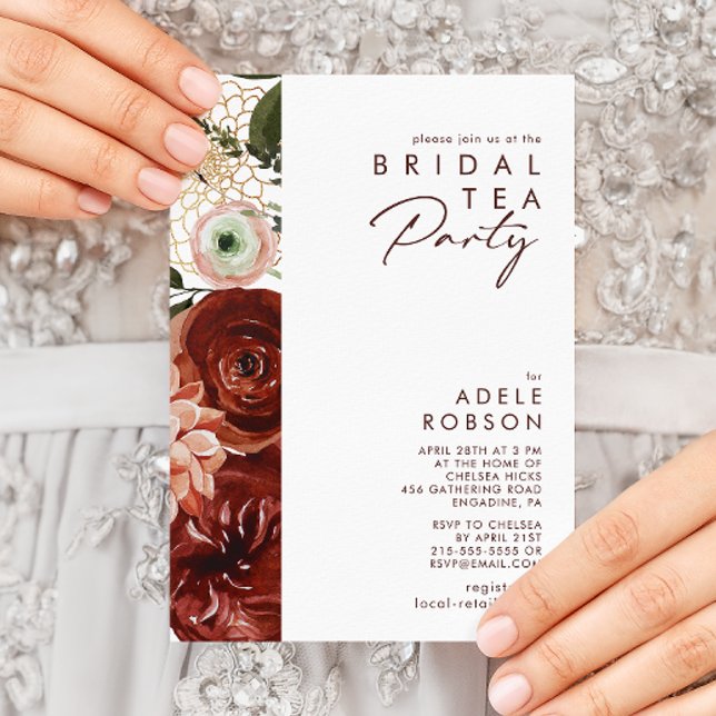 Invitación Marsala Autumn Floral | Fiesta de té de novia blan (Subido por el creador)