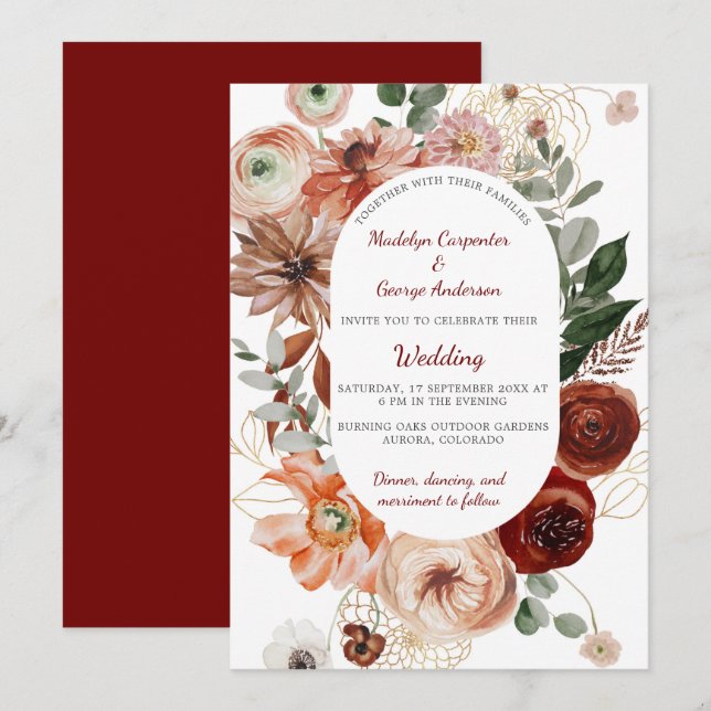 Invitación Marsala Autumn Floral Frame Boda (Anverso / Reverso)