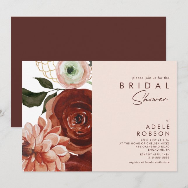 Invitación Marsala Autumn Floral | Rubor Bridal Shower (Anverso / Reverso)