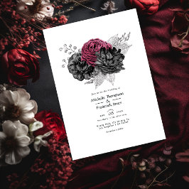 Invitación Marsala, Boda floral negro y plateado