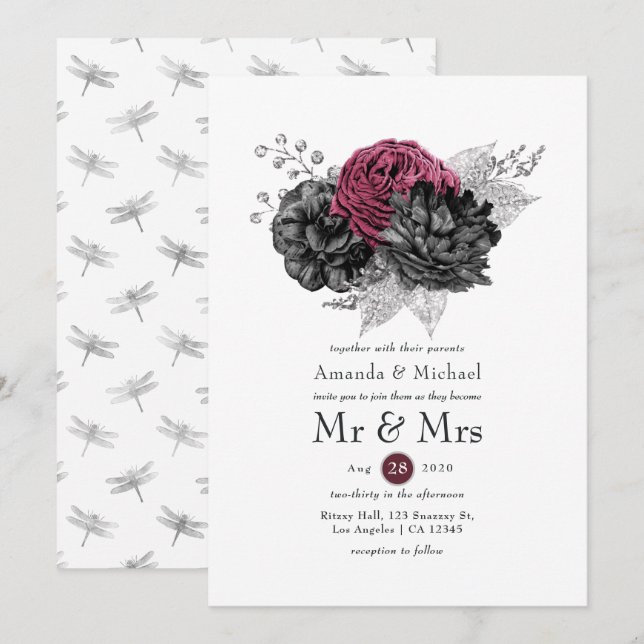 Invitación Marsala, Boda floral negro y plateado (Anverso / Reverso)