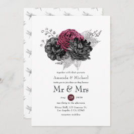 Invitación Marsala, Boda floral negro y plateado