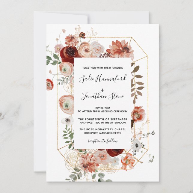 Invitación Marsala Boda Geométrico Floral de Terracota Rosa (Anverso)