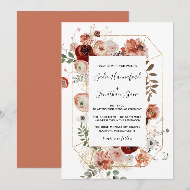 Invitación Marsala Boda Geométrico Floral de Terracota Rosa I (Anverso / Reverso)