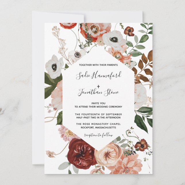 Invitación Marsala Boda Geométrico Floral de Terracota Rosa I (Anverso)