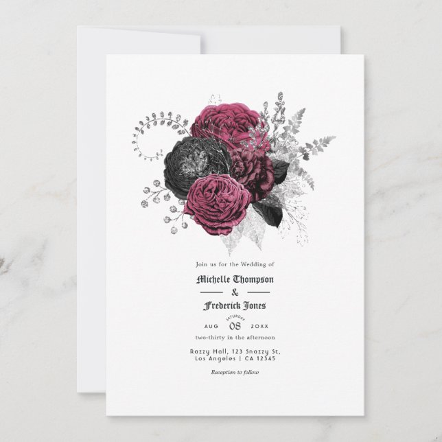 Invitación Marsala, Boda gótico floral negro y plateado (Anverso)