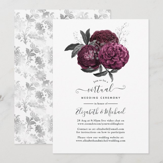 Invitación Marsala, Boda virtual floral negro y plateado (Anverso / Reverso)