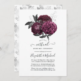 Invitación Marsala, Boda virtual floral negro y plateado