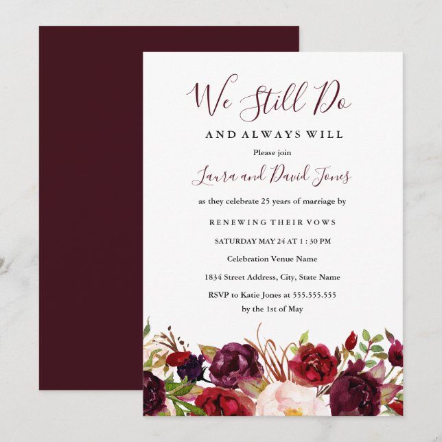 Invitación Marsala Borgoña Boda floral rojo Vow Renewal (Anverso / Reverso)